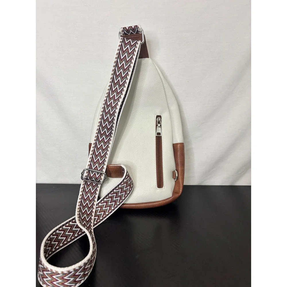 Women's Crossbody Purse White Brown Vegan Leather Bag Chevron Guitar Strap